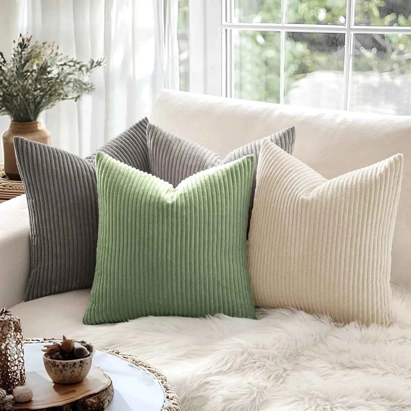 Soft Corduroy Striped Throw Pillow Case 45x45cm Boho Throw Pillow Covers for Sofa Bedroom Living Room Spring Home Decor Green
