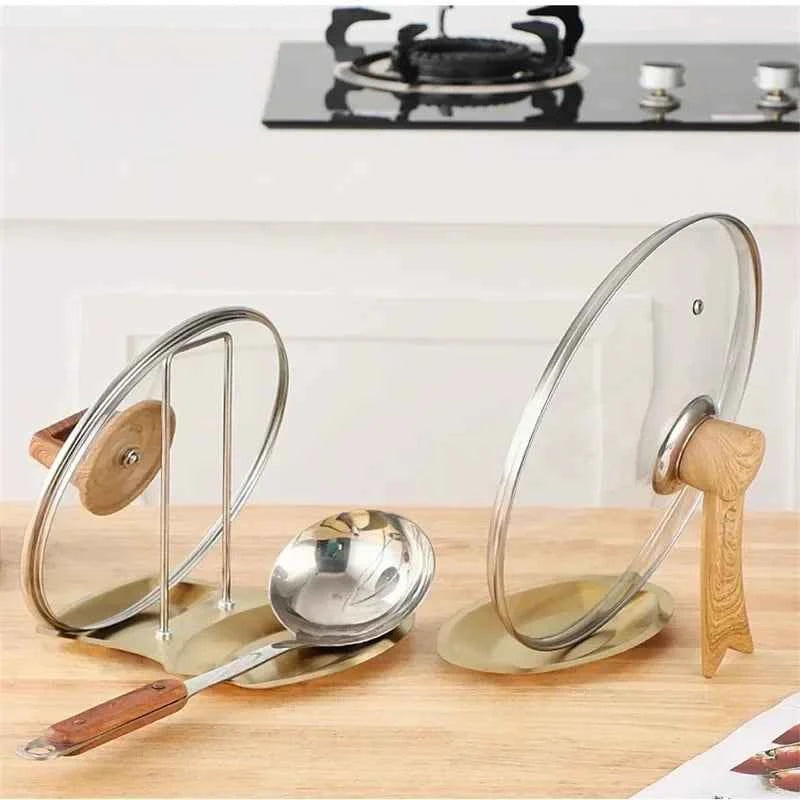 Stainless Steel Pan Pot Cover Stand Silver Color Soup Spoon Holder Drain Rack Stove Organizer Storage Kitchen Accessories
