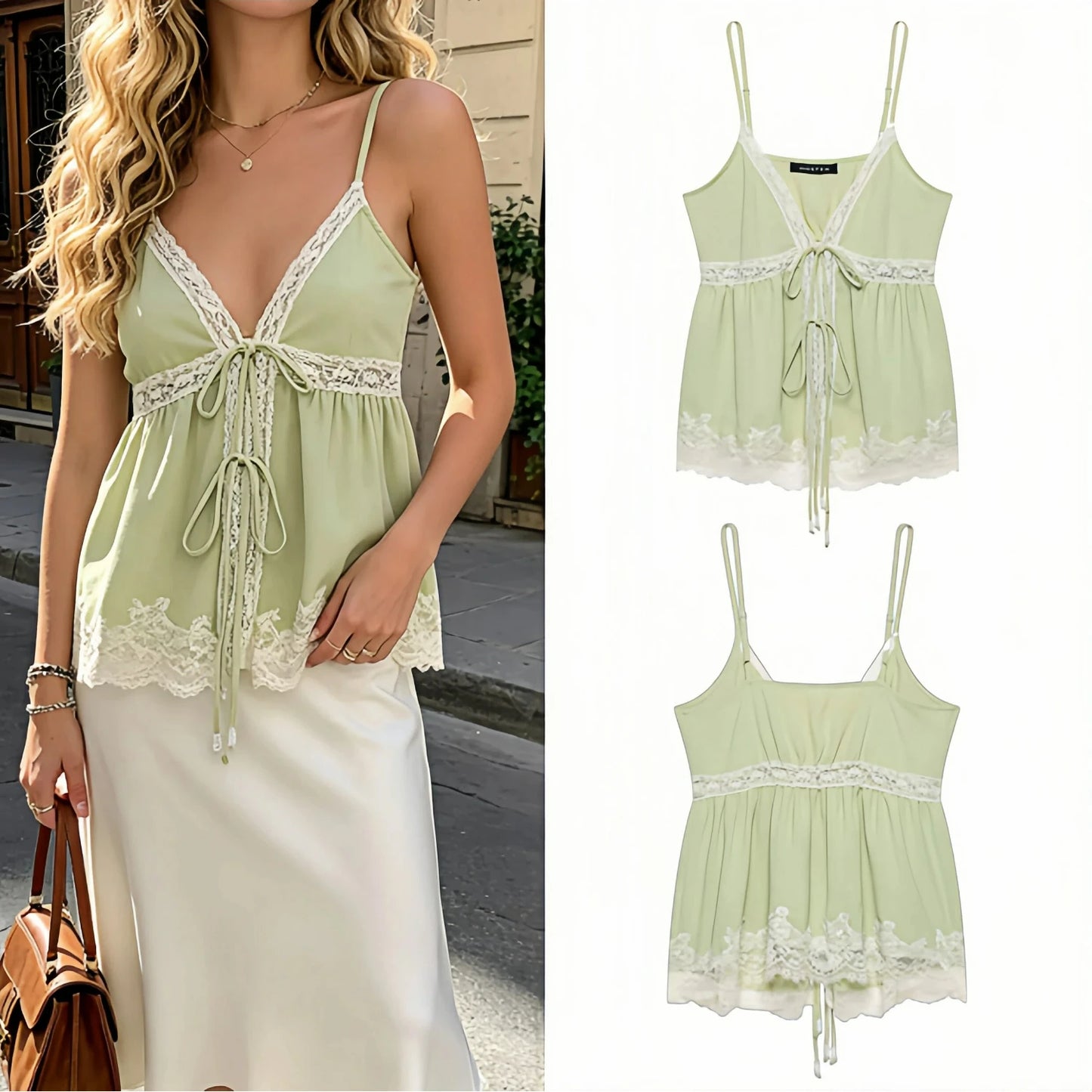 Women's Light Green Spaghetti Strap Lace Camisole Top – Sexy V-Neck Off Shoulder Backless Summer Tank