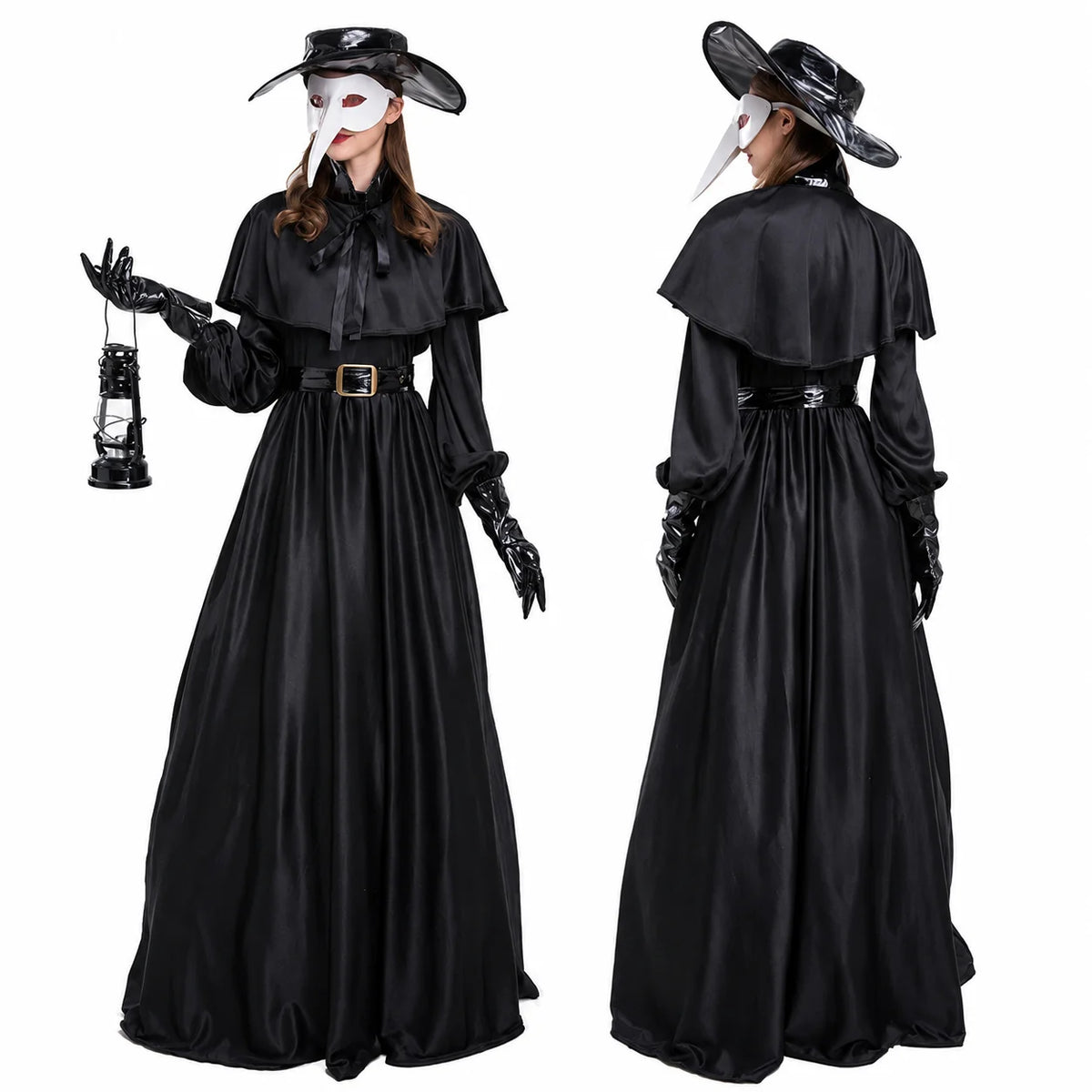 Women Plague Doctor Costume Set Medieval Gothic Long Dress with Cape Belt Hat Gloves Bird Beak Mask Steampunk Halloween Cosplay Outfit for Carnival Party
