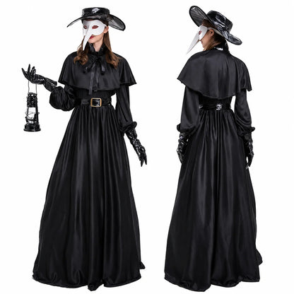 Women Plague Doctor Costume Set Medieval Gothic Long Dress with Cape Belt Hat Gloves Bird Beak Mask Steampunk Halloween Cosplay Outfit for Carnival Party