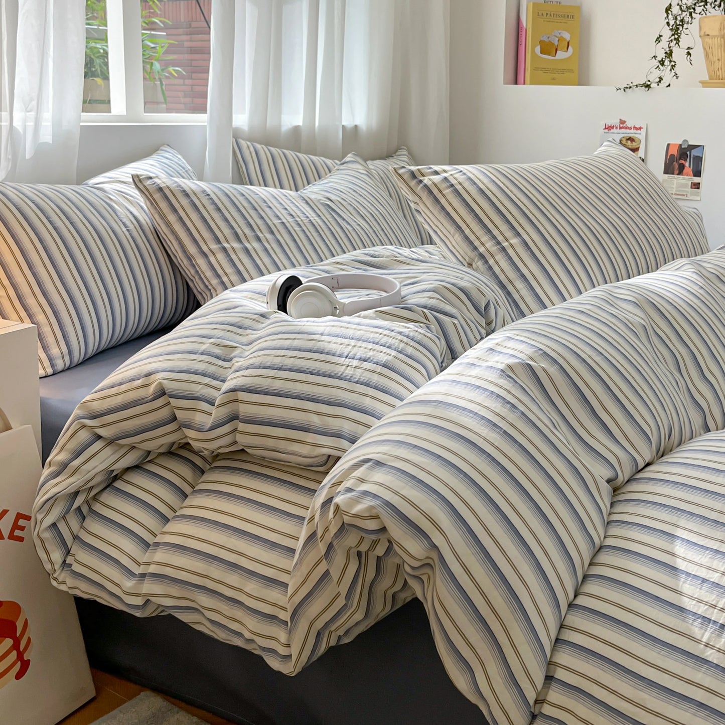 3/4 Pcs Blue Checkered Bedding Set Simple Style Soft Skin Friendly Duvet Cover Flat Sheet and Pillowcases Single Double Bed Sets