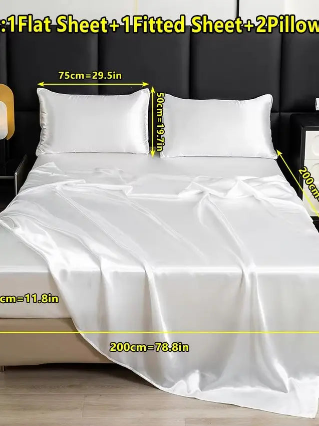 4-Piece Solid Color Satin Bed Sheet Set – Luxurious Soft Skin-Friendly Bedding (Flat Sheet, Fitted Sheet & 2 Pillowcases)