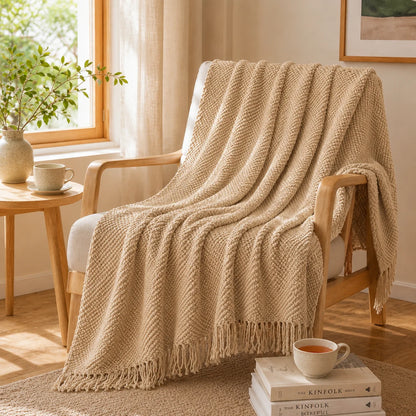 Sage Green Mixed Bobble Diamond Textured Knit Throw Blanket with Tassel Fringe, Soft Knitted Decorative Blanket, Lightweight Cozy Cover for Couch Sofa Bed, Boho Farmhouse Home Decor for Living Room Bedroom