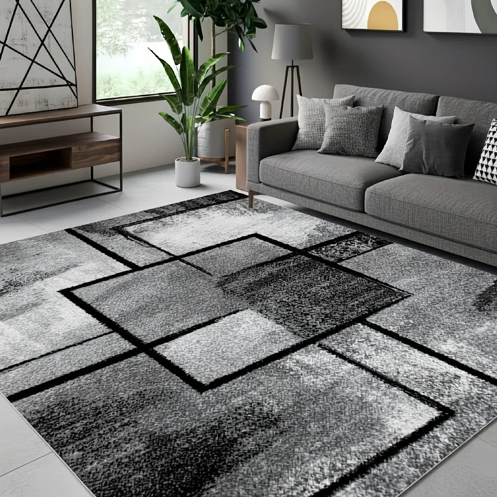 VIKAMA Modern Gray & Black Geometric Square Area Rug – Non-Slip Washable Soft Carpet
