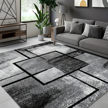 VIKAMA Modern Gray & Black Geometric Square Area Rug – Non-Slip Washable Soft Carpet
