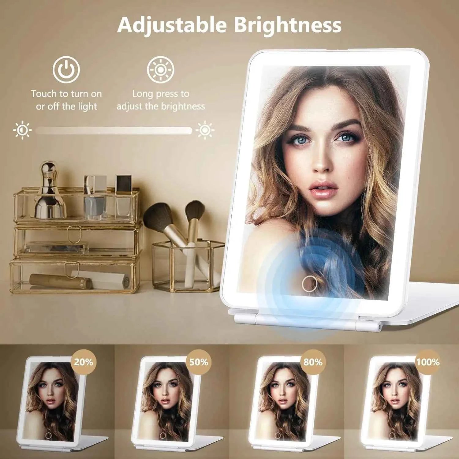 LED Foldable Travel Makeup Mirror 3 Colors Light Modes USB Rechargeable Touch Screen Portable Tabletop Cosmetic Mirror Handheld