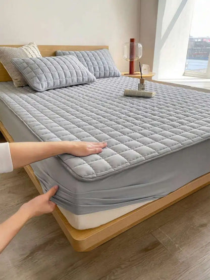 Quilted Fitted Sheet Soft Comfortable Mattress Cover Solid Color Bedding For Adult Beds