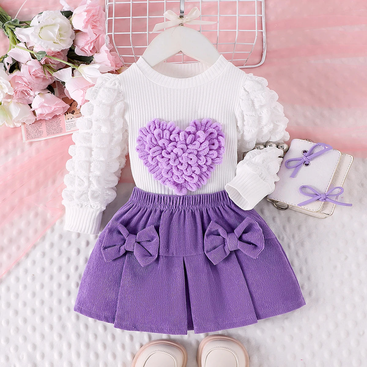 Bubble Sleeve Top & Skirt Set for Girls 1-3 Years