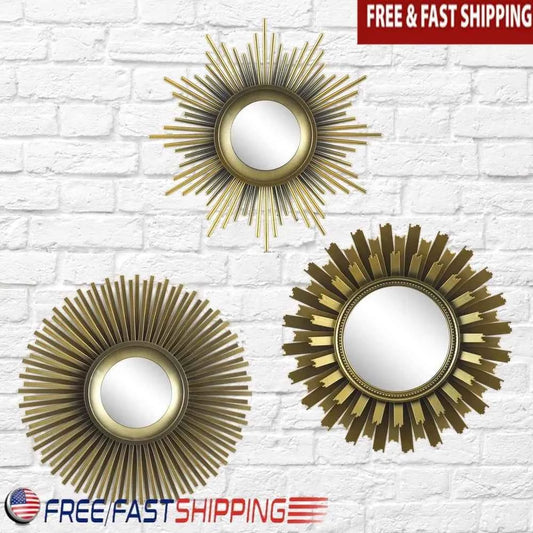 Round Sunburst Mirror Set of 3 Decorative Wall Mirrors Mid-Century Modern Chic Lightweight Gold Frame Indoor Home Decor