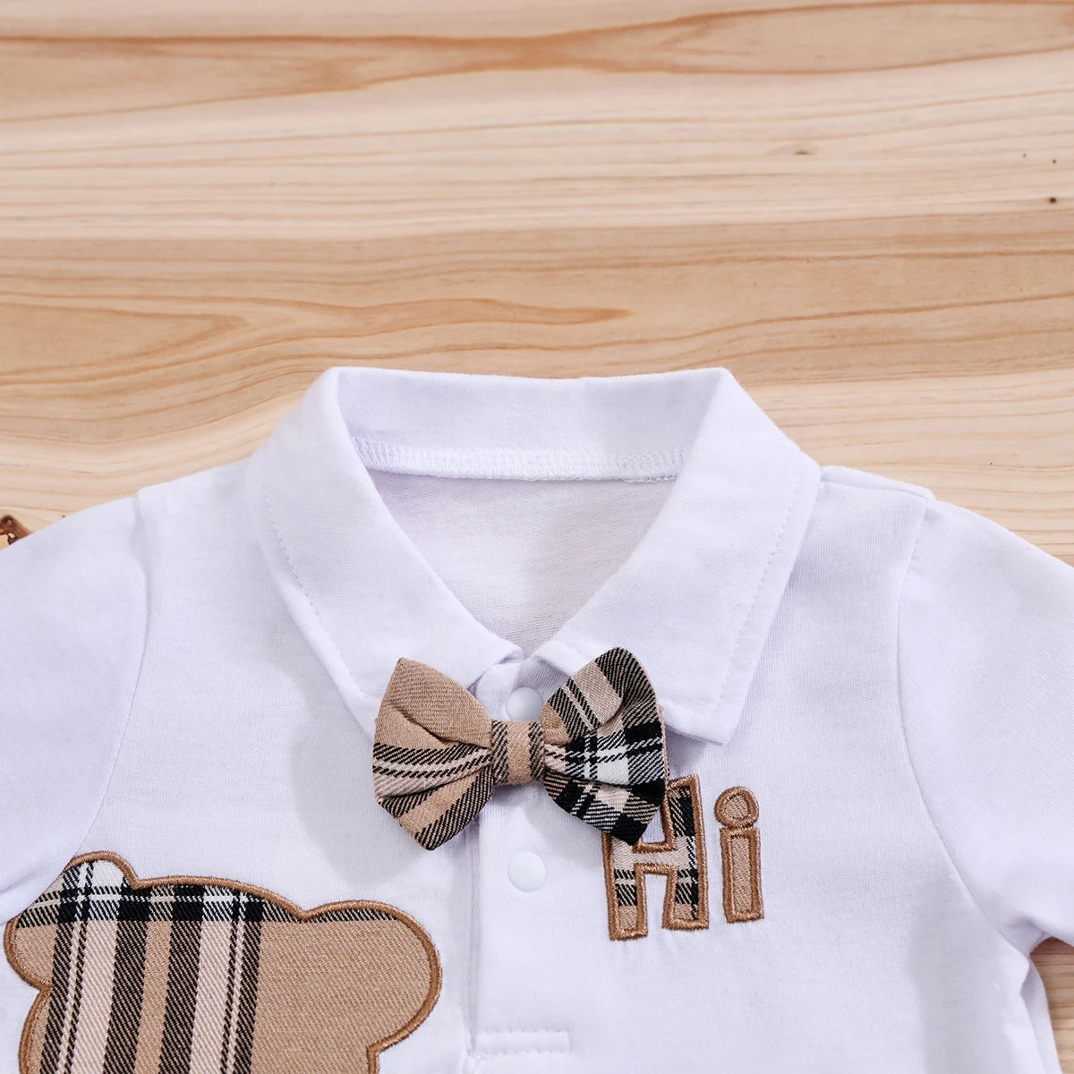 Plaid Bear Print Bodysuit & Suspender Trousers Set