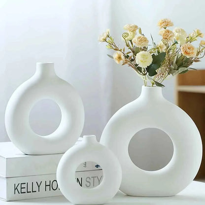1pc, White/Beige Ceramic Vase  Vases For Decor, Modern Home Decor Vase, Boho Vases For Decor, Circle Vase, Round Vase, Donut Vas