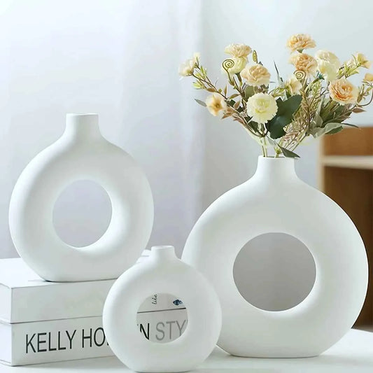 1pc, White/Beige Ceramic Vase  Vases For Decor, Modern Home Decor Vase, Boho Vases For Decor, Circle Vase, Round Vase, Donut Vas