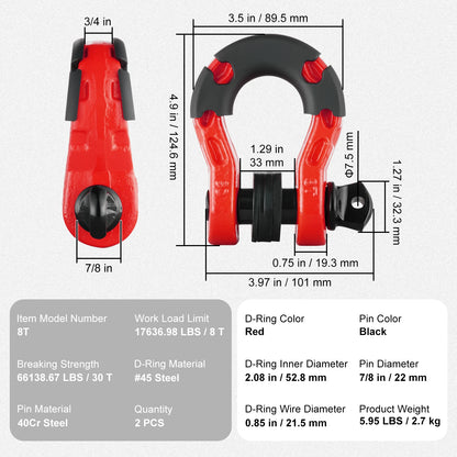 2pcs 3/4" D-Ring Shackle U-Hook Loop Shackles with 7/8" Pin Isolators & Washers for Jeep Off Road Vehicle Recovery