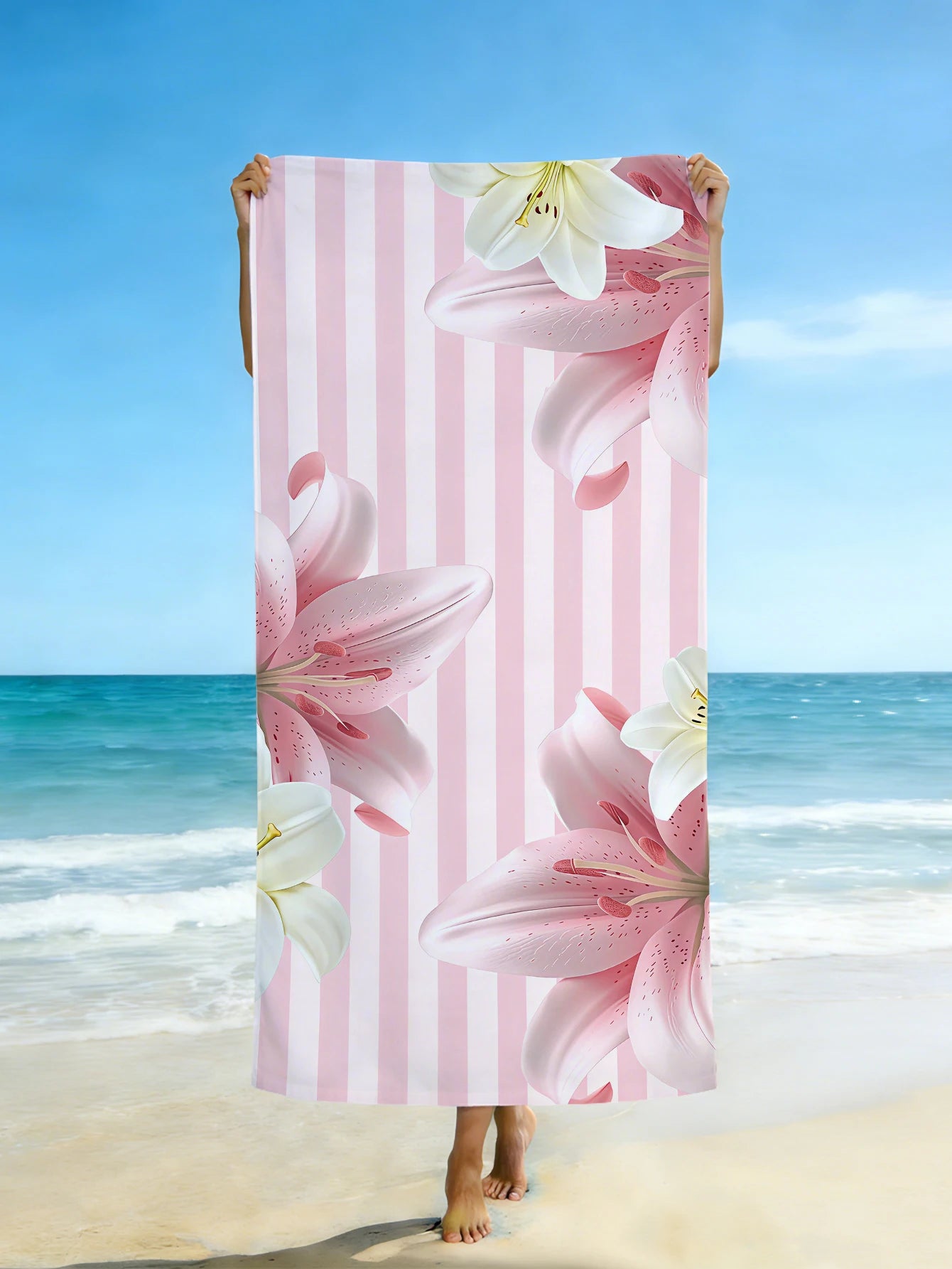 1pc pink striped beach towel, large floral printed beach towel, ultra-fine