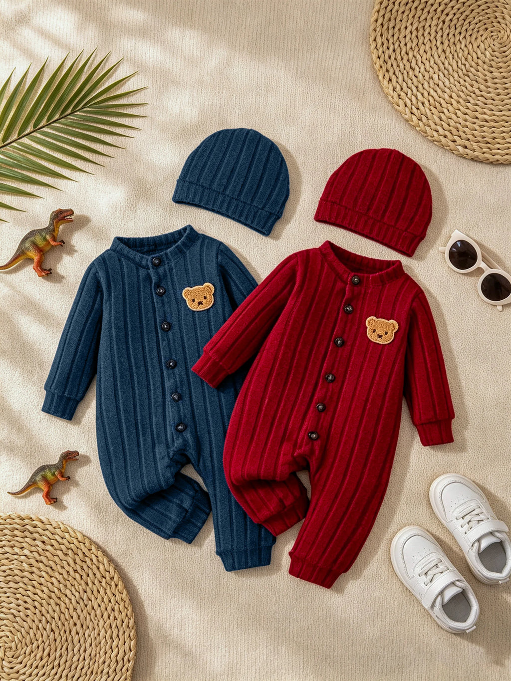 【Baby Boy】Autumn & Winter Red Onesie with Front Single-Breasted Buttons and Cute Bear Badge on Chest + Red Hat Set Featuring a W