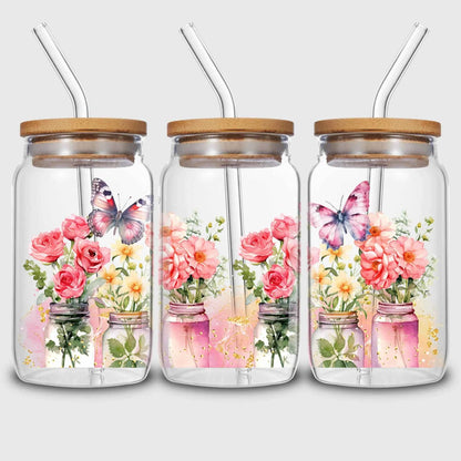 5 sheets flowers UV DTF Cup sticker, glass DTF transfer decal, beautiful butterfly waterproof wipe transfer paper