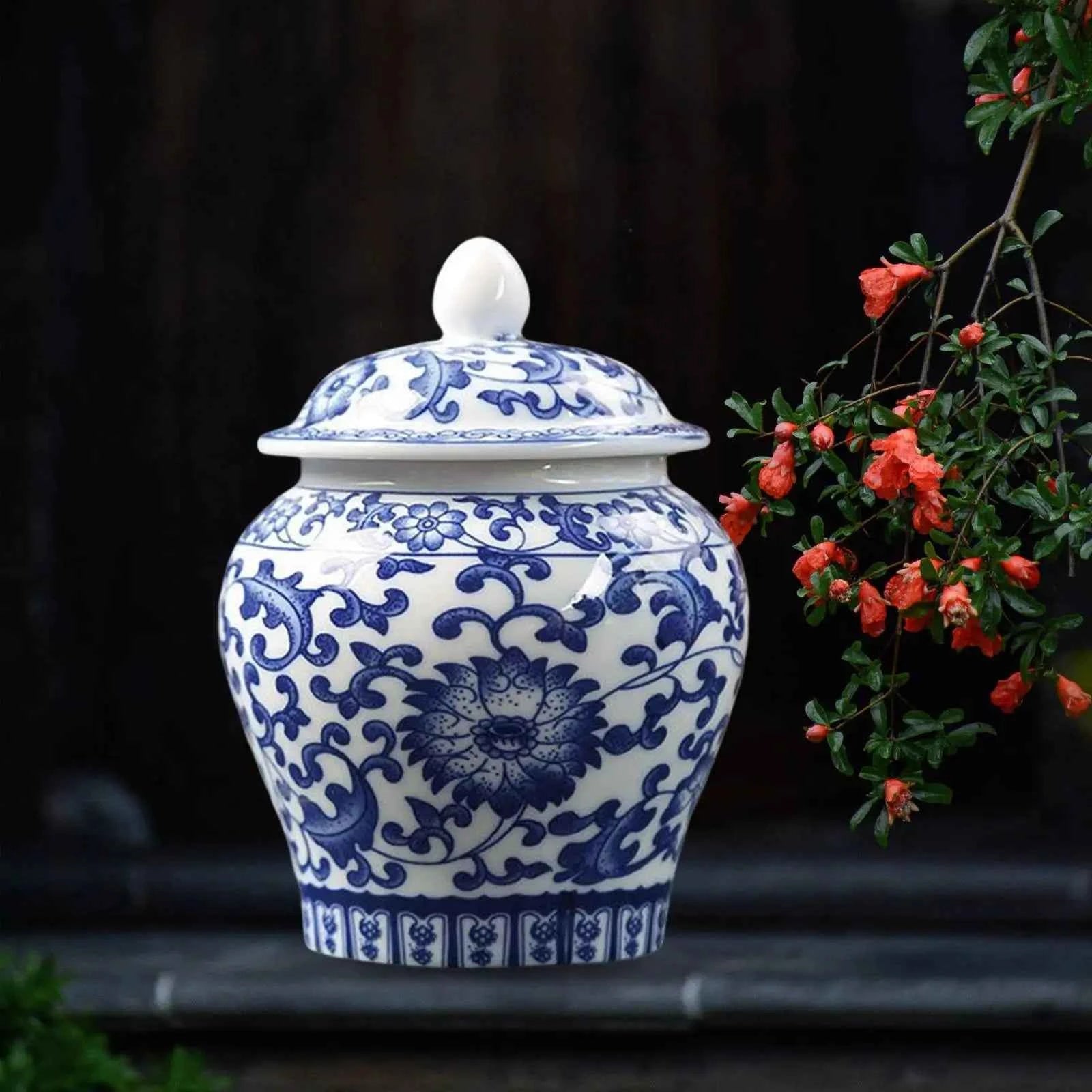 Chinese Blue White Porcelain Decorative Temple Jar Vase with Lid,Tea Canister Ceramic Tea Organizer Box Storage Coffee Container