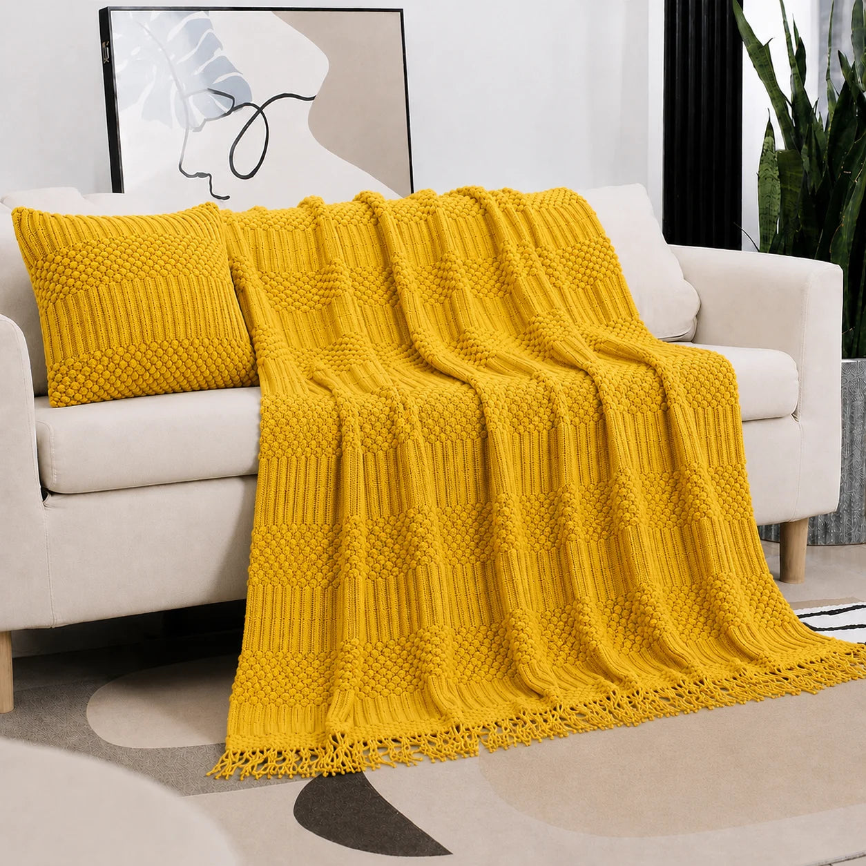 Beige Openwork Textured Knit Throw Blanket with Tassel Fringe, Soft Knitted Decorative Blanket, Lightweight Cozy Cover for Couch Sofa Bed, Boho Farmhouse Home Decor for Living Room Bedroom
