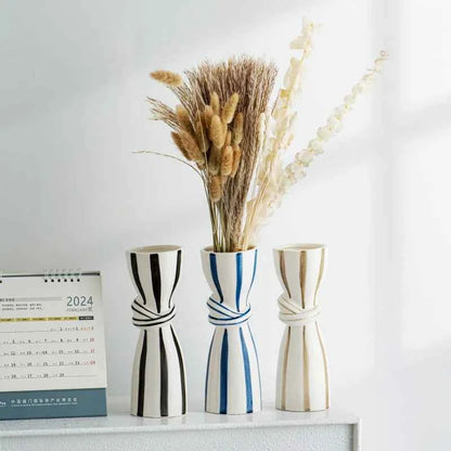 Double Ear Ceramic Vase, Abstract Black and White Striped Hydroponic Vase, Living Room Decoration, Room Aesthetic Decoration