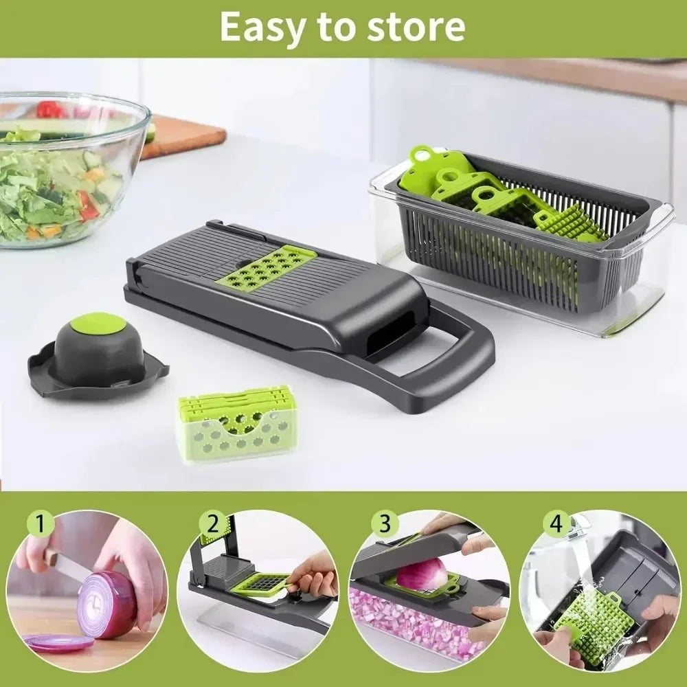 Multifunctional Vegetable Chopper and Food Slicer, 14-in-1 with Handle and Grater Set
