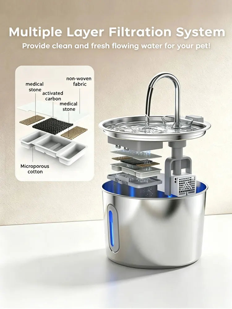 Stainless Steel Cat Water Fountain, 74oz, Quiet Pump