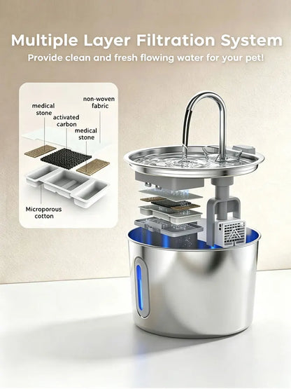 Stainless Steel Cat Water Fountain, 74oz, Quiet Pump
