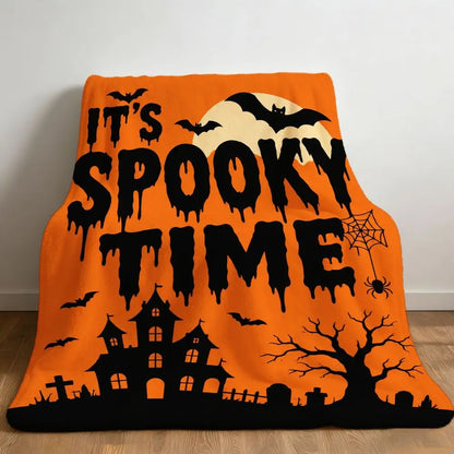 Halloween Fleece Throw Blanket Soft Cozy Large Orange Black Spooky Graphics IT's SPOOKY TIME Bats Full Moon Haunted Mansion Tree Spiderweb Graveyard for Sofa Couch Decor