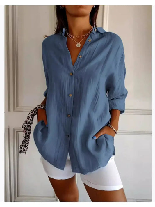 Chemise boutonnée décontractée à manches longues et revers de couleur unie pour femmes