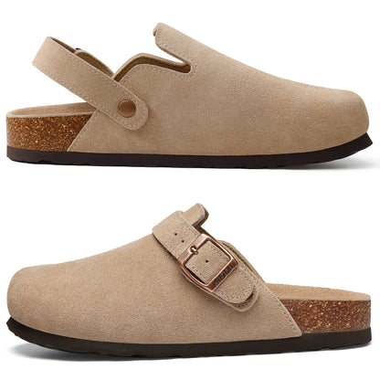 Crestar Women's Suede Clogs with Arch Support – Cork Footbed Leather Mules
