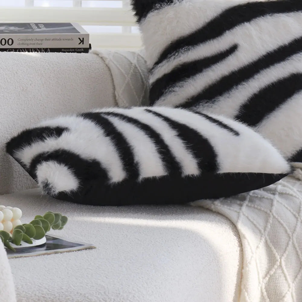 Zebra Print Faux Fur Cushion Cover, Black & White