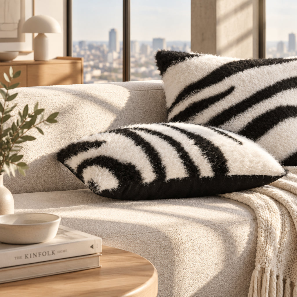 Zebra Print Faux Fur Cushion Cover, Black & White
