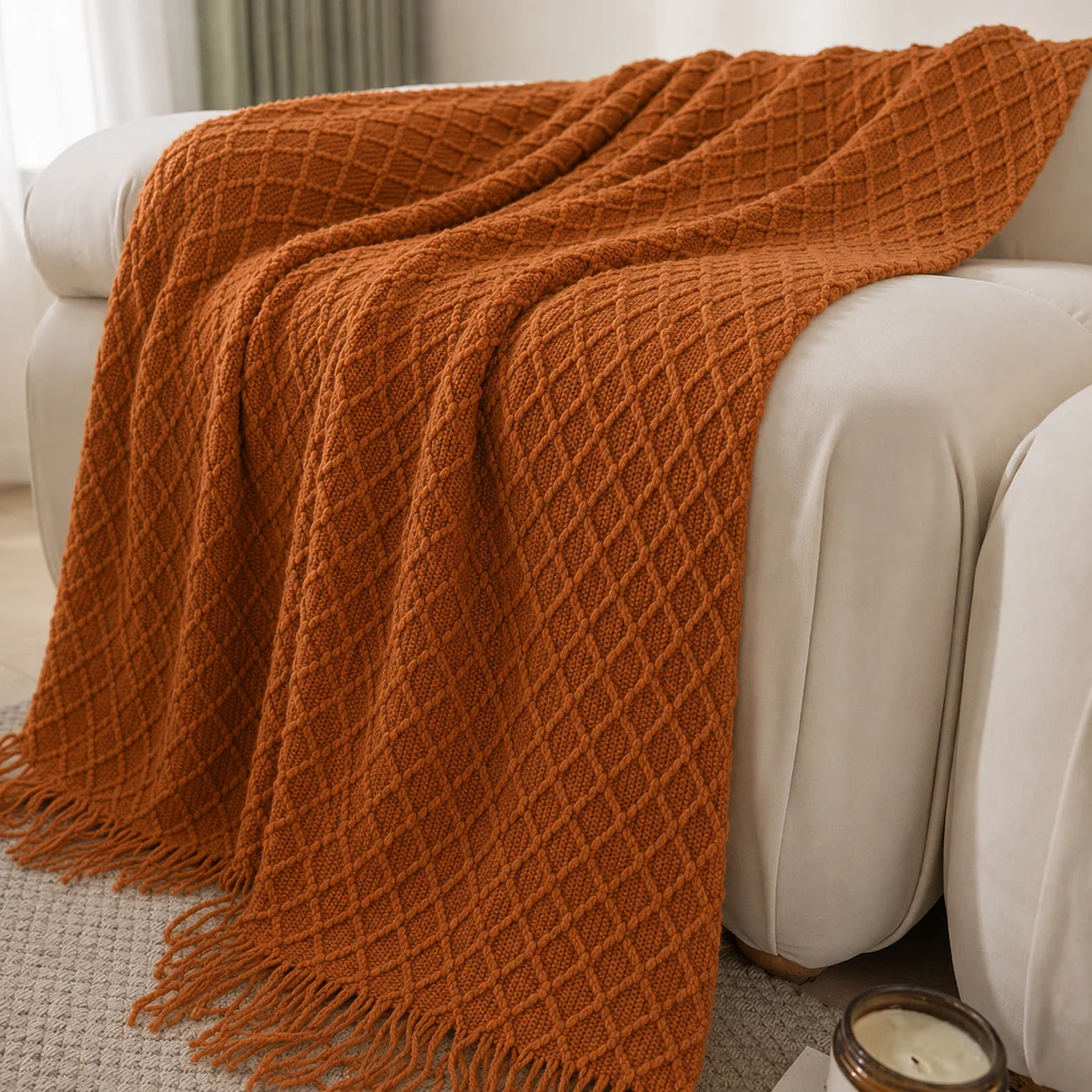 Burnt Orange Herringbone Knit Throw Blanket