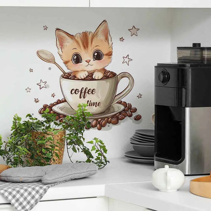 Cartoon Coffee Cup Cat Wall Sticker Cafe Background Decoration Mural Kitchen Restaurant Beautify Home Decor Self-adhesive Decals