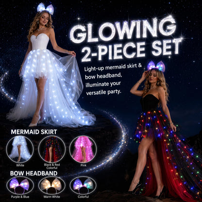 LED Light Up High Low Tulle Tutu Skirt Women Front Short Back Long Irregular Flowy Puffy Half Skirt for Halloween Carnival Night Club Party
