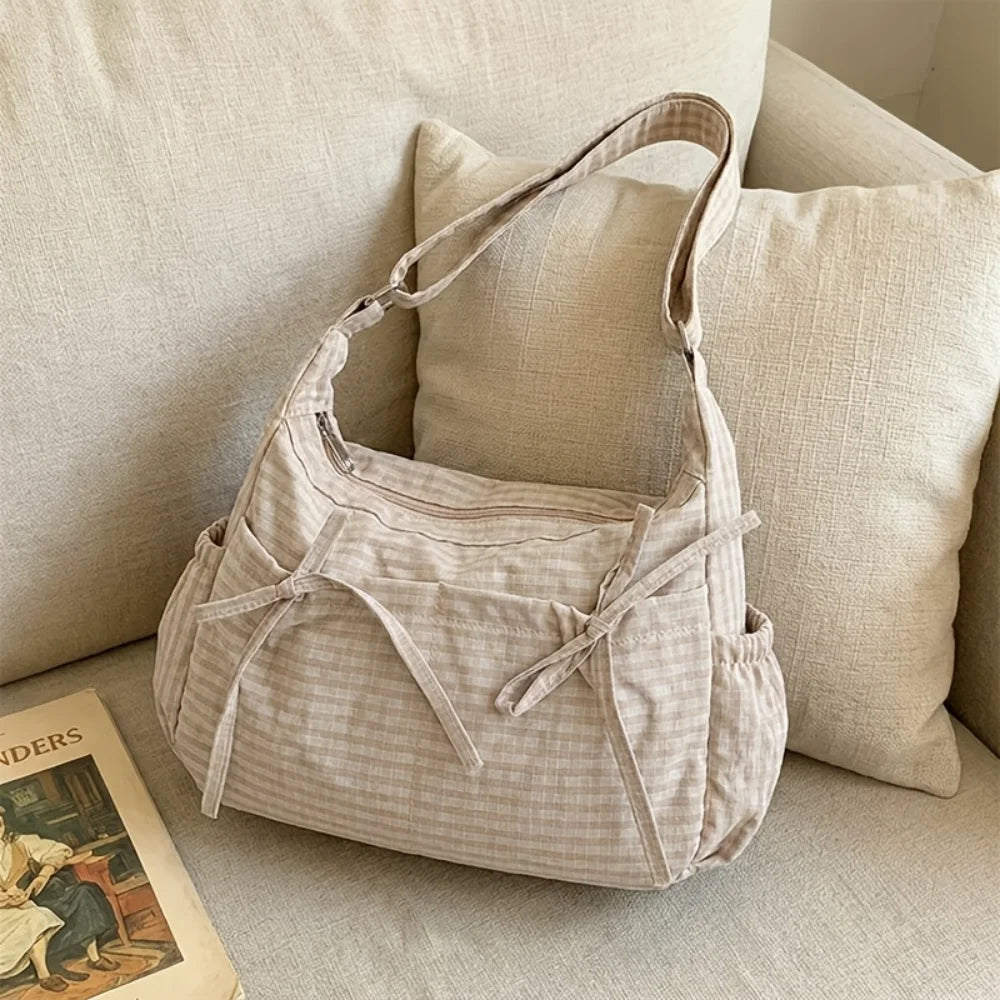 Vintage Plaid Shoulder Bag with Cute Bow Decor