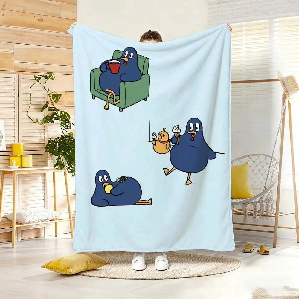 Funny Cartoon Blue Bird Series Flannel Throw Blanket Cute Bird Doing Daily Activities Cozy Soft Lightweight Blanket for Bedroom Sofa Kids Room Home Decoration
