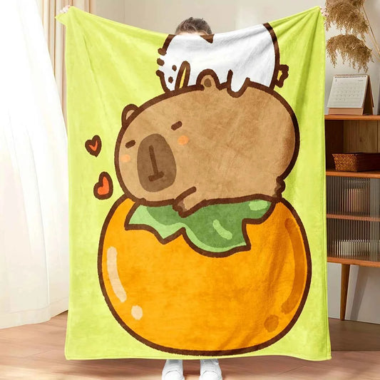 Cozy Capybara & Pumpkin Design Flannel Blanket - Ultra-Soft, All-Season Throw with 3D Digital Print, Perfect for Office, Camping