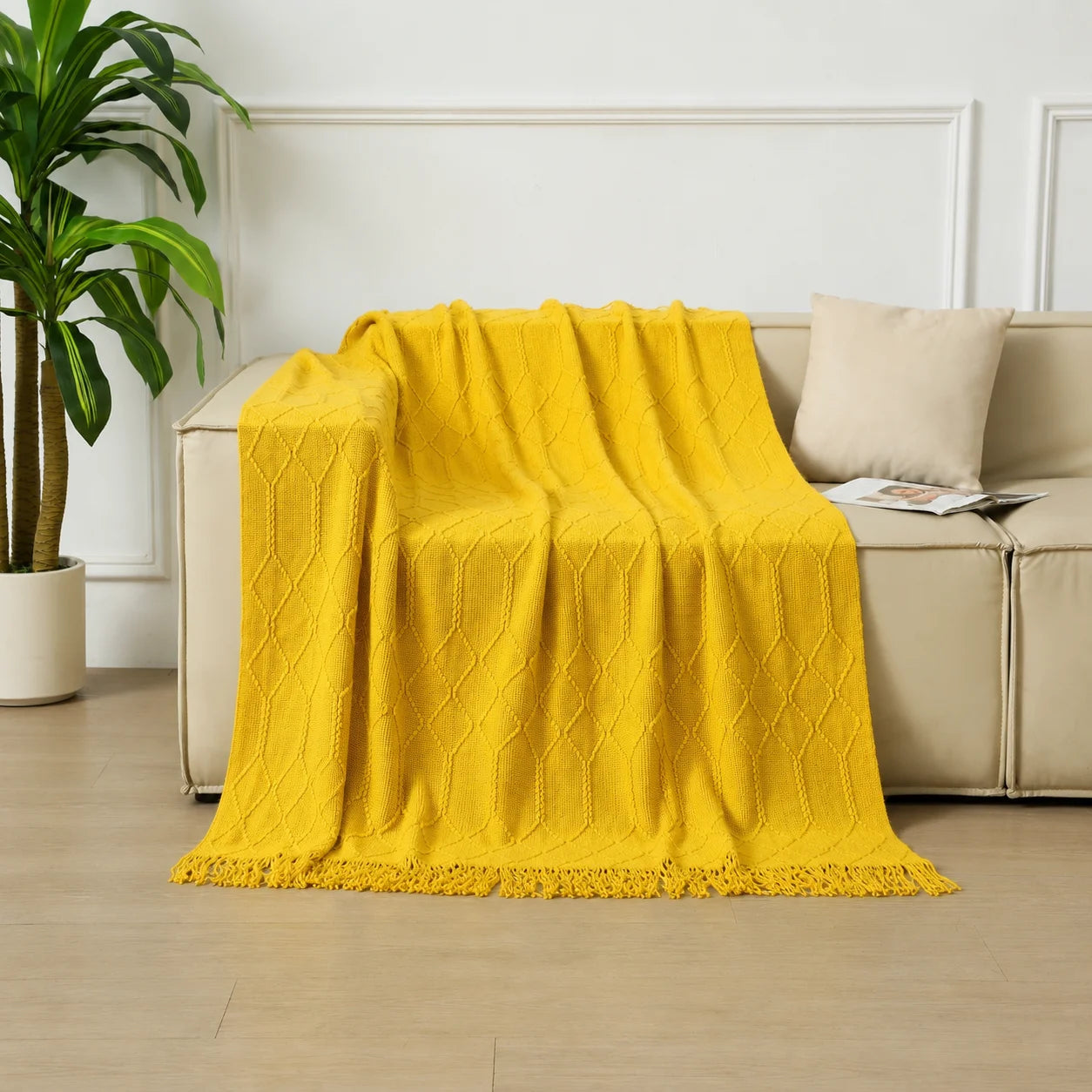 Dark Green Geometric Bobble Textured Knit Throw Blanket with Tassel Fringe, Soft Knitted Decorative Blanket, Lightweight Cozy Cover for Couch Sofa Bed, Boho Farmhouse Home Decor for Living Room Bedroom