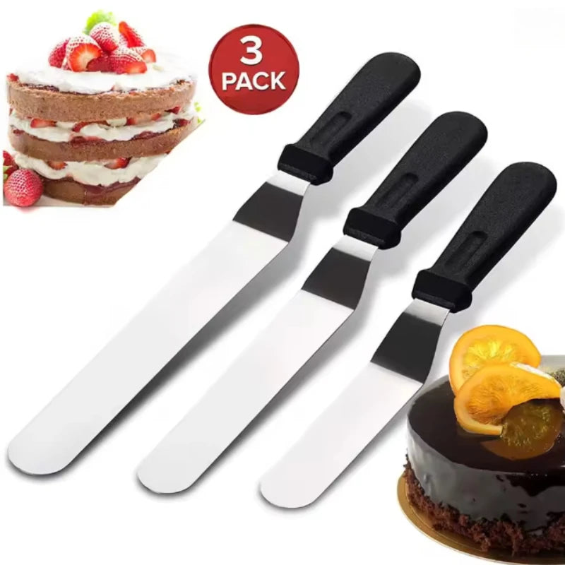 3pcs 6/8/10inch Cake Decorating Angled Butter Cream Icing Spatula Stainless Steel Offset Frosting Spatulas Baking Knife Smoother