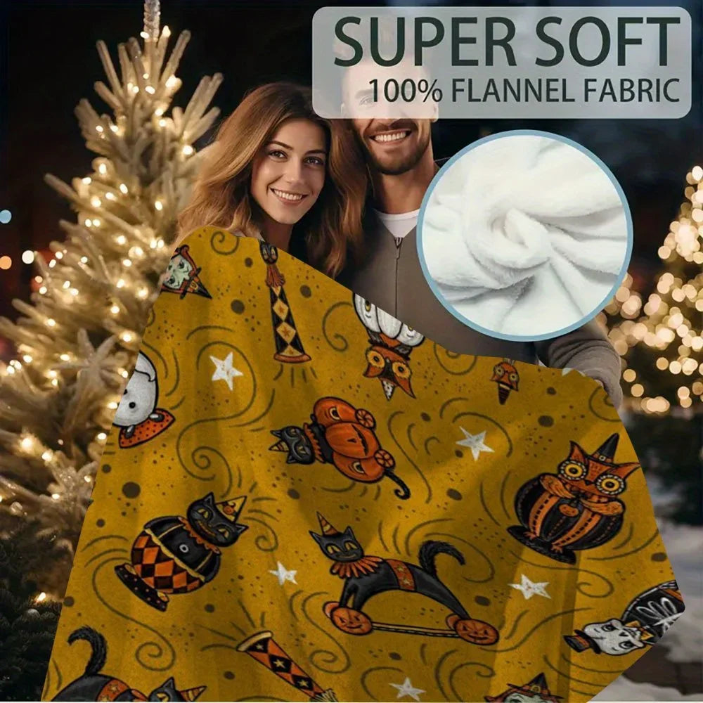 1pc Bethany Heavyweight 280GSM Flannel Halloween Blanket - Vintage Cat, Pumpkin, & Bat Patterns with Mustard-Yellow & Black Spooky Design - Large 60x60 Inches All-Season Cozy Throw for Sofa, Bed, Party Decor - Ideal Gift, Dir
