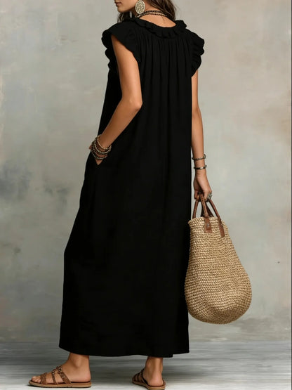 Women's Bohemian Ruffle Linen Maxi Dress — V-Neck Sleeveless Beach Dress with Pockets
