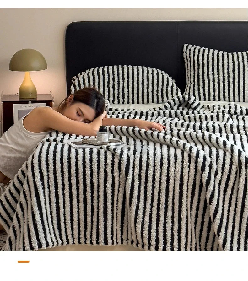 Imitation Rabbit Plush Striped Blanket Fluffy Soft Fleece Throw Blanket for Sofa Single Double Spring Autumn Warm Bed Blankets