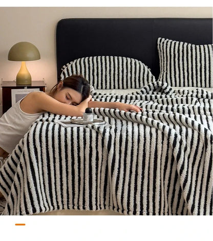 Imitation Rabbit Plush Striped Blanket Fluffy Soft Fleece Throw Blanket for Sofa Single Double Spring Autumn Warm Bed Blankets