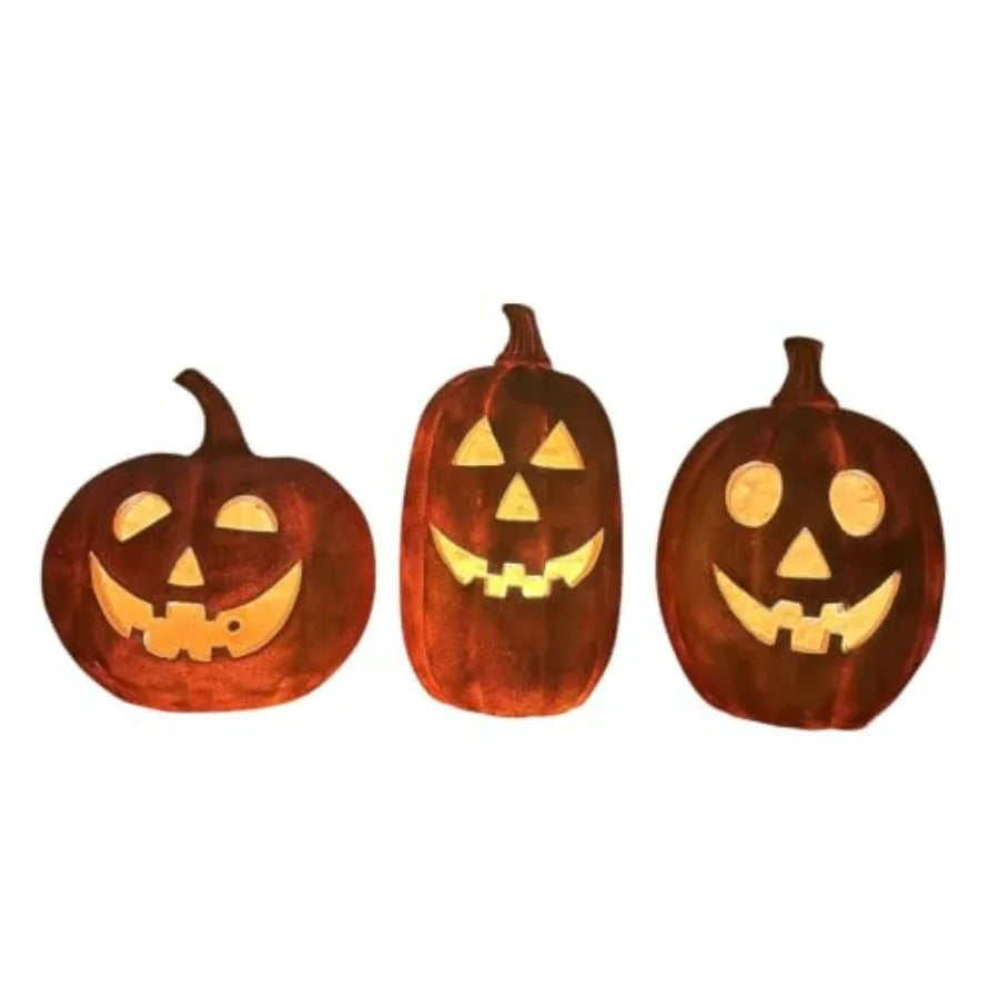 3-Piece Spooky Lighted LED Jack O Lantern Set for Halloween decoration, plastic, orange and black, battery-operated with flicke