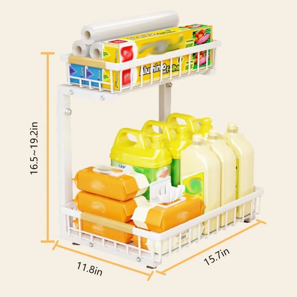 2-Tier Under Sink Organizer with Pull-Out Sliding Drawers, White and Black
