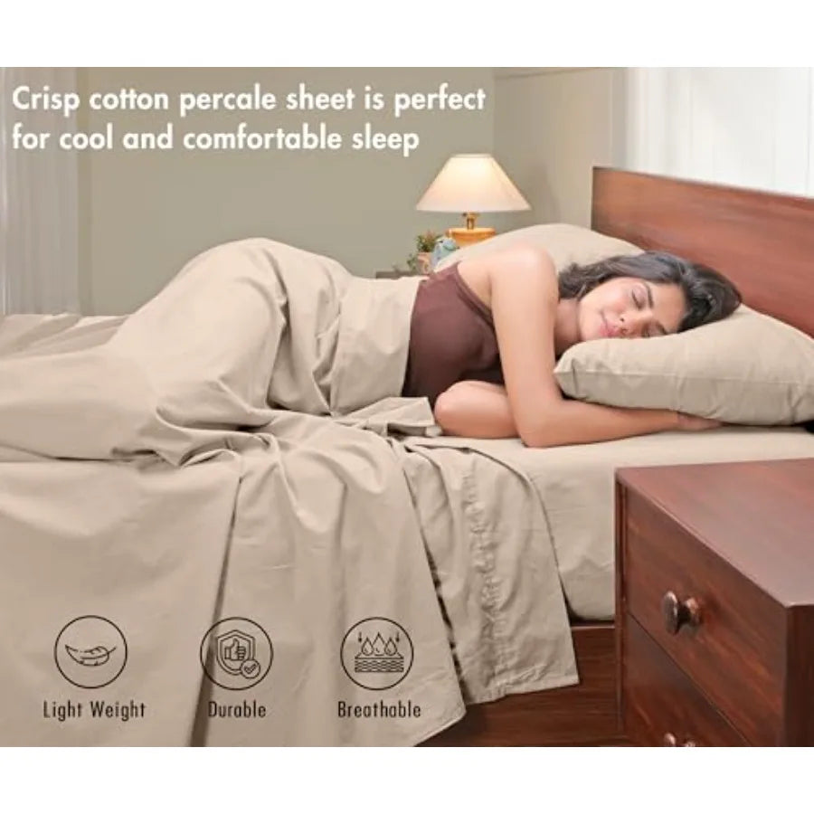 100% Cotton Percale Sheets Crisp Cooling Summer Bed Sheets for Hot Sleepers, Deep Pocket 12", Soft Peach Finish, Breathable and