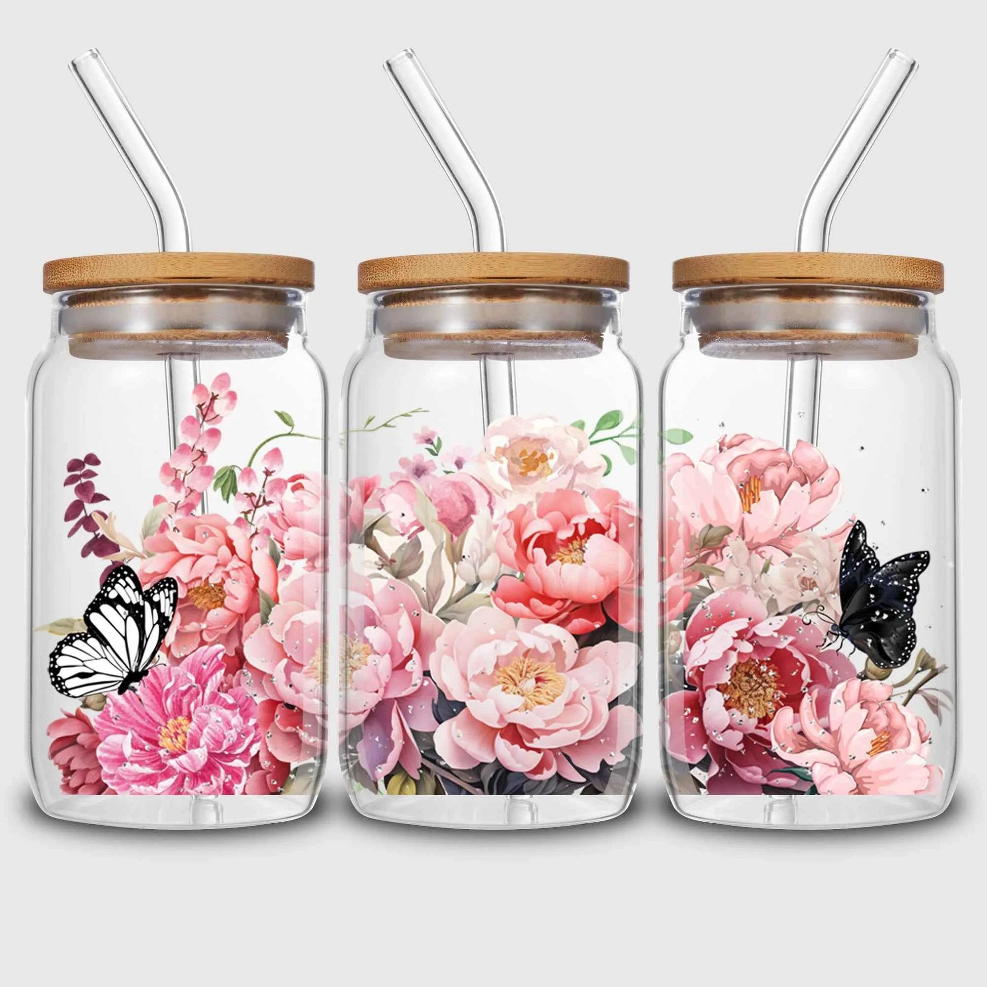 5 sheets flowers UV DTF Cup sticker, glass DTF transfer decal, beautiful butterfly waterproof wipe transfer paper