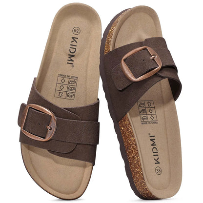 Crestar Women's Genuine Suede Cork Footbed Sandals – Adjustable Buckle Flat Slippers
