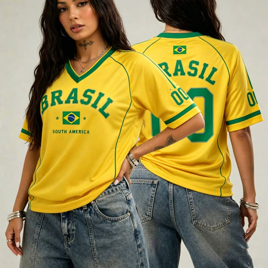 T-shirt de sport pour femme à imprimé brésilien et col en V — Maillot à manches courtes grande taille